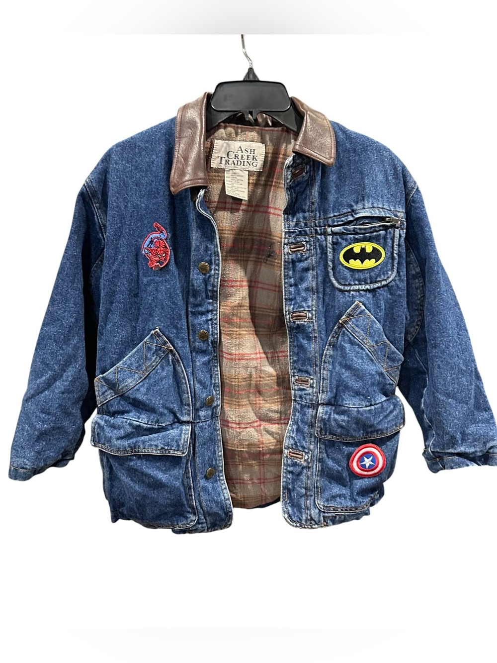 Ash Creek Trading Denim Jacket Lined Superhero Patch ‎ Small